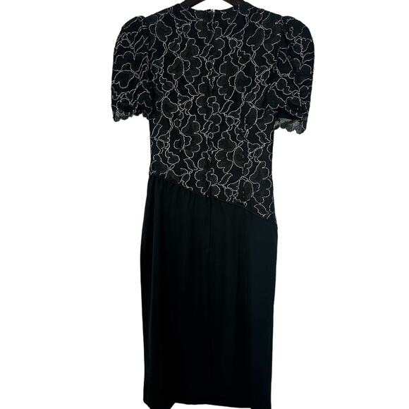 Vintage 80s Leslie Fay Black Silver Lace Cocktail Party Dress Size 4 - Picture 2 of 7